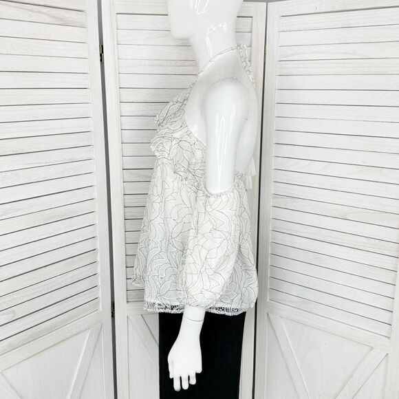 Beau Tissu Lace Cold Shoulder Puff Sleeve Halter Blouse White Black Small - Picture 2 of 13
